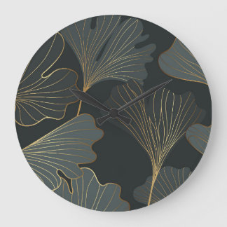 Golden Ginkgo: Luxuriöser floraler Deko. Große Wanduhr
