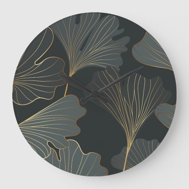Golden Ginkgo: Luxuriöser floraler Deko. Große Wanduhr (Vorderseite)