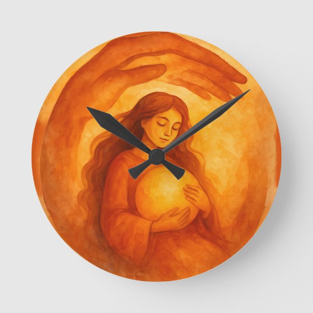 Golden Girl Holding Light Warm Protective Art Runde Wanduhr (Vorderseite)