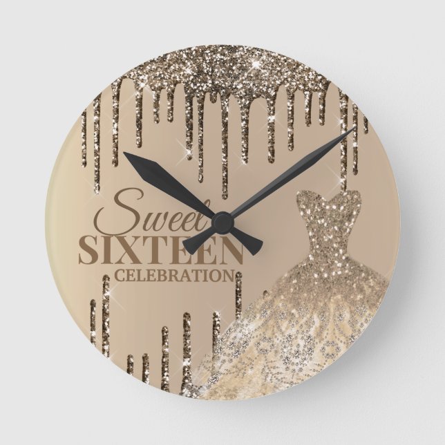 Golden Glamour Glitzer Spark Tropfen Süß 16 Geburt Runde Wanduhr (Vorderseite)