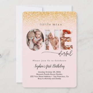 Golden Glitter Baby Girl 1st Birthday Photo Einladung