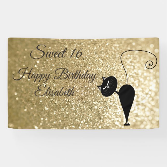 Golden glittery lustig whimsical cat sweet 16 Part Banner (Horizontal)