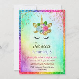 Golden Glittery Unicorn Girl's 5. Party Einladung