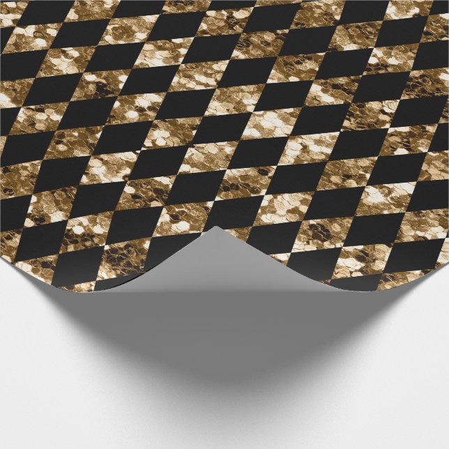 Golden Glitzer Black Harlequin Pattern Weihnachten Geschenkpapier (Ecke)