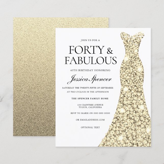 Golden Glitzer Dress 40. Geburtstag Einladung (Vorne/Hinten)