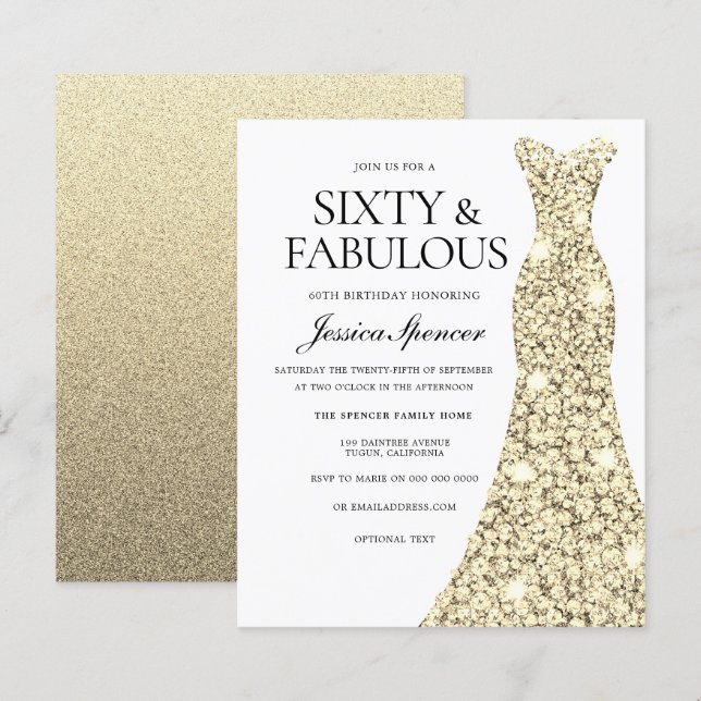 Golden Glitzer Dress 60. Geburtstag Einladung (Vorne/Hinten)