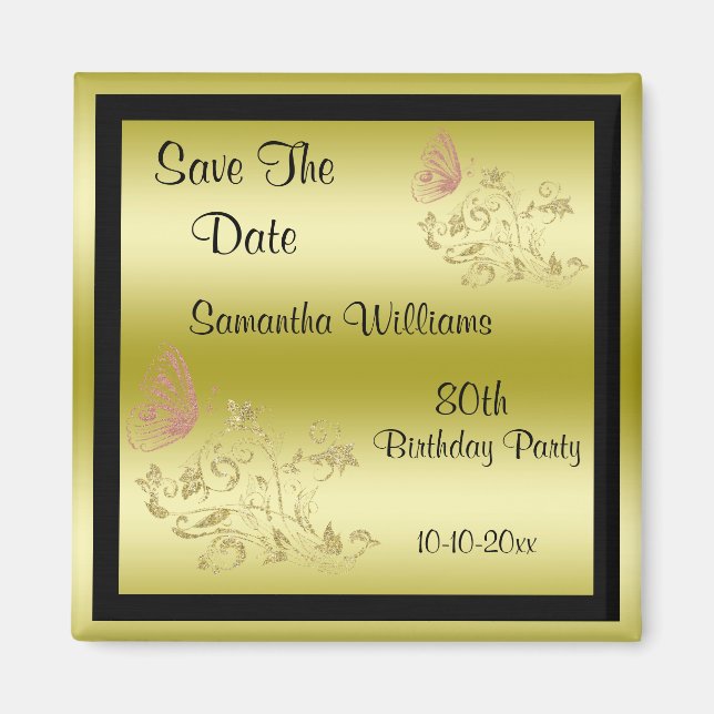 Golden Glitzer & Funkelnd Butterfly 80. Geburtstag Magnet (Vorne)