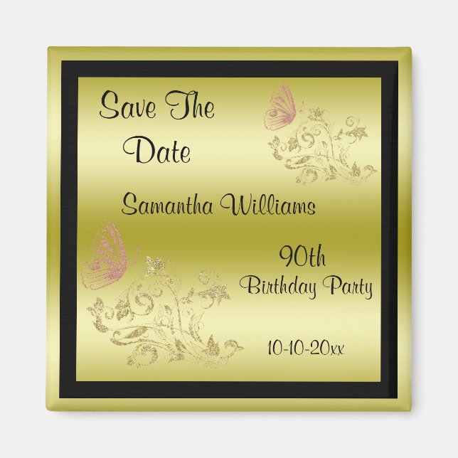 Golden Glitzer & Funkelnd Butterfly 90. Geburtstag Magnet (Vorne)