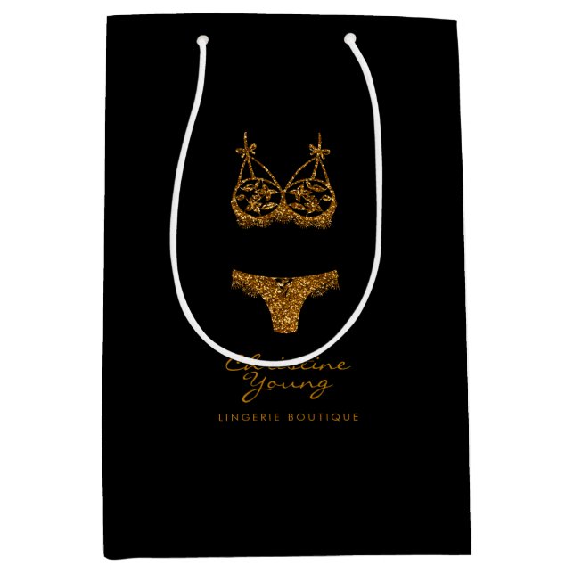 Golden Glitzer Lingerie Boutique Logo Business Mittlere Geschenktüte (Vorderseite)