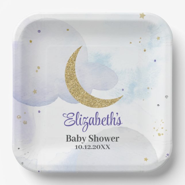 Golden Glitzer Moon Babydusche Pappteller (Vorderseite)