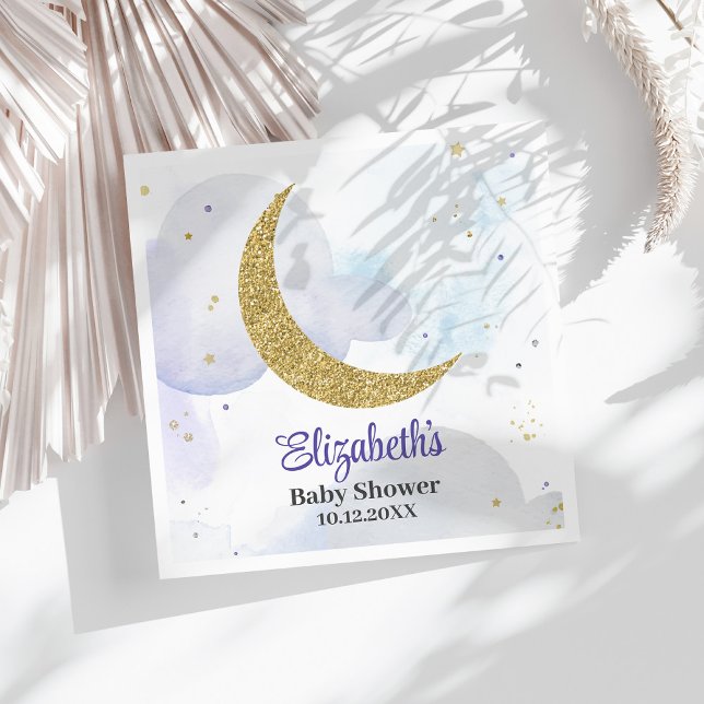 Golden Glitzer Moon Babydusche Serviette (Golden Glitter Moon Baby Shower Napkins on a sunny white table.)