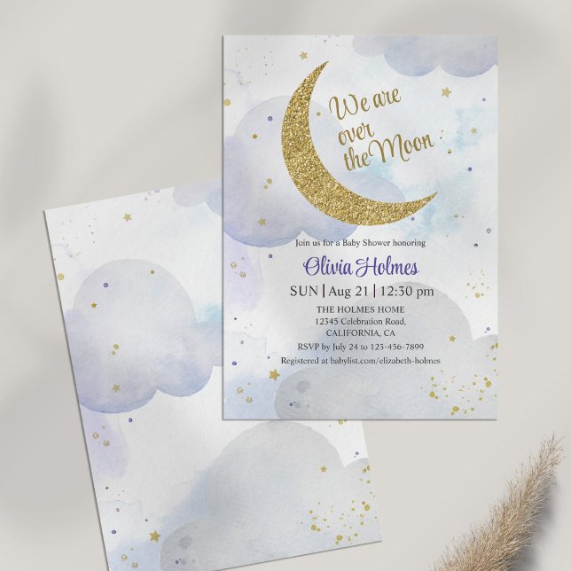 Golden Glitzer Moon Kinderdusche Einladung (Golden Glitter Moon Baby Shower Invitation on a white table)