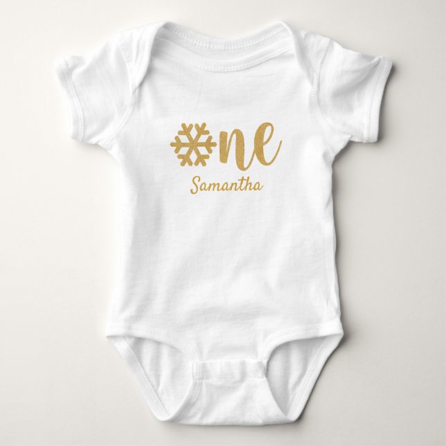 Golden Glitzer Winterschneeflocke Erster Geburtsta Baby Strampler (Vorderseite)