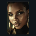 Golden Glow Melanin Fierce Portrait Fotodruck<br><div class="desc">Golden-bronze light sculpts flawless deep brown skin, highlighting razor-sharp cheekbones, glossy lips, and piercing eyes framed by smoky glitter shadow. A sleek short natural cut and massive gold hoop earrings add bold luxury against a deep black background. The intense close-up exudes fierce confidence, unapologetic melanin beauty, cultural pride, regal power,...</div>
