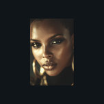Golden Glow Melanin Fierce Portrait Leinwanddruck<br><div class="desc">Golden-bronze light sculpts flawless deep brown skin, highlighting razor-sharp cheekbones, glossy lips, and piercing eyes framed by smoky glitter shadow. A sleek short natural cut and massive gold hoop earrings add bold luxury against a deep black background. The intense close-up exudes fierce confidence, unapologetic melanin beauty, cultural pride, regal power,...</div>
