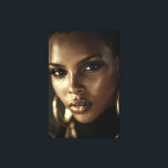 Golden Glow Melanin Fierce Portrait Leinwanddruck<br><div class="desc">Golden-bronze light sculpts flawless deep brown skin, highlighting razor-sharp cheekbones, glossy lips, and piercing eyes framed by smoky glitter shadow. A sleek short natural cut and massive gold hoop earrings add bold luxury against a deep black background. The intense close-up exudes fierce confidence, unapologetic melanin beauty, cultural pride, regal power,...</div>
