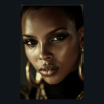 Golden Glow Melanin Fierce Portrait Poster<br><div class="desc">Golden-bronze light sculpts flawless deep brown skin, highlighting razor-sharp cheekbones, glossy lips, and piercing eyes framed by smoky glitter shadow. A sleek short natural cut and massive gold hoop earrings add bold luxury against a deep black background. The intense close-up exudes fierce confidence, unapologetic melanin beauty, cultural pride, regal power,...</div>