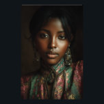Golden Glow Melanin Regal Headscarf Portrait Fotodruck<br><div class="desc">Golden light caresses rich brown skin, illuminating sharp cheekbones, glossy lips, and intense dark eyes beneath a luxurious emerald-magenta-gold paisley headscarf. Elaborate antique gold earrings with dangling gems frame her face, while the high-neck embroidered garment in jewel tones adds regal texture and depth. The intimate close-up against a moody dark...</div>