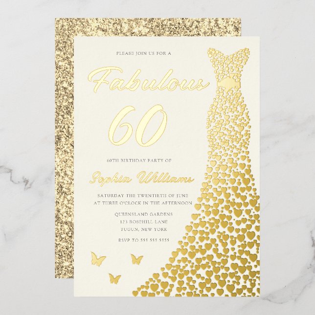 Golden Gown, Fabulous 60th Birthday Dress Gold Folieneinladung (Vorderseite/Rückseite)