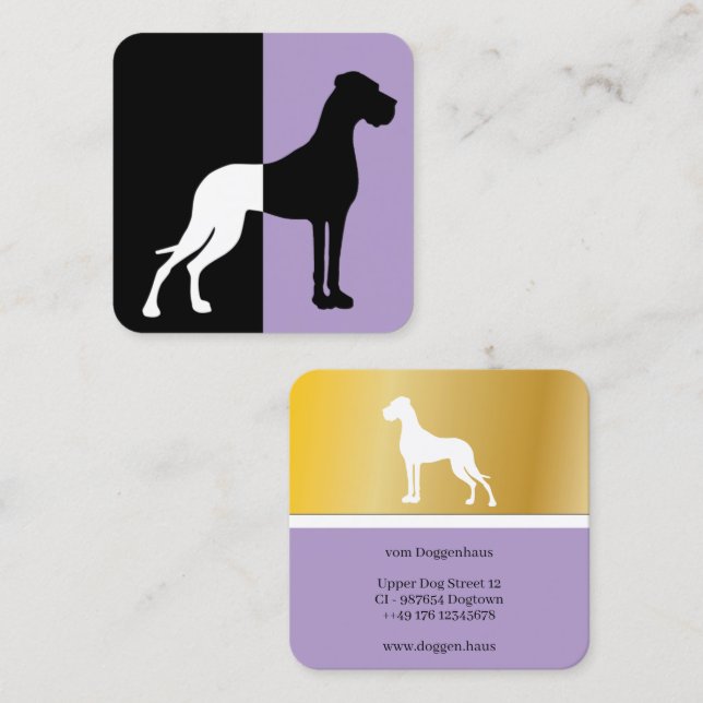 Golden Great Dane purple Business Cards Quadratische Visitenkarte (Vorne/Hinten)