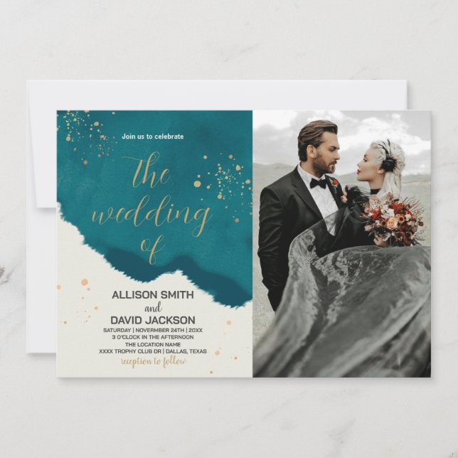 Golden Green Art Wedding Invitations avec photo (Devant)