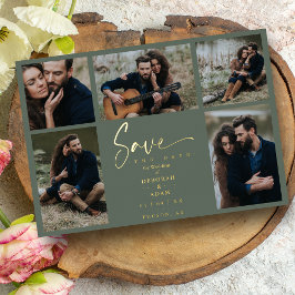 Golden Green Chic Trendy Collage Wedding 5 Photos Folieneinladung