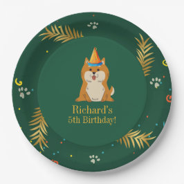 Golden Green Puppy Dog Kid's Birthday Pappteller