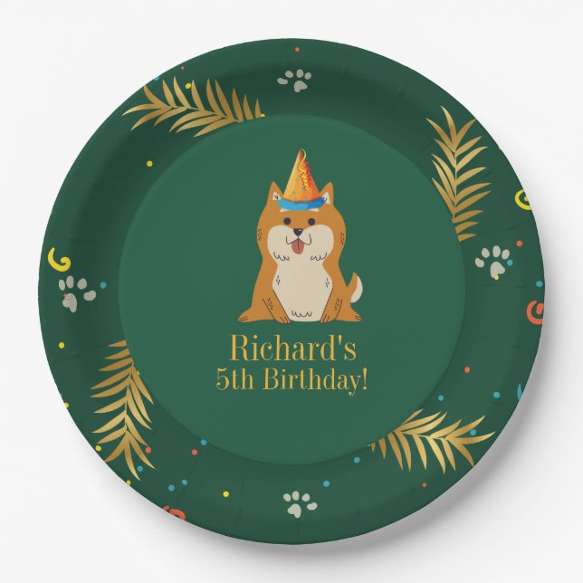 Golden Green Puppy Dog Kid's Birthday Pappteller (Vorderseite)