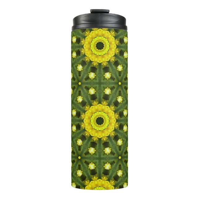 Golden Green Sunburst Kaleidoscope Blumenmuster Thermosbecher (Vorderseite)