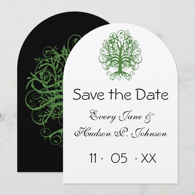 Golden Green Swirl Tree Roots of Liebe Wedding Einladung (Vorne/Hinten)