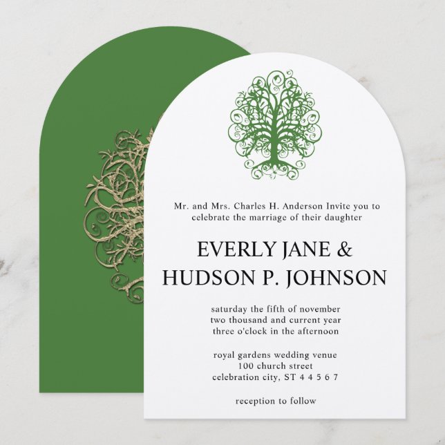 Golden Green Swirl Tree Roots of Liebe Wedding Inv Einladung (Vorne/Hinten)