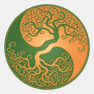 Golden Green Yin Yang Tree Runder Aufkleber