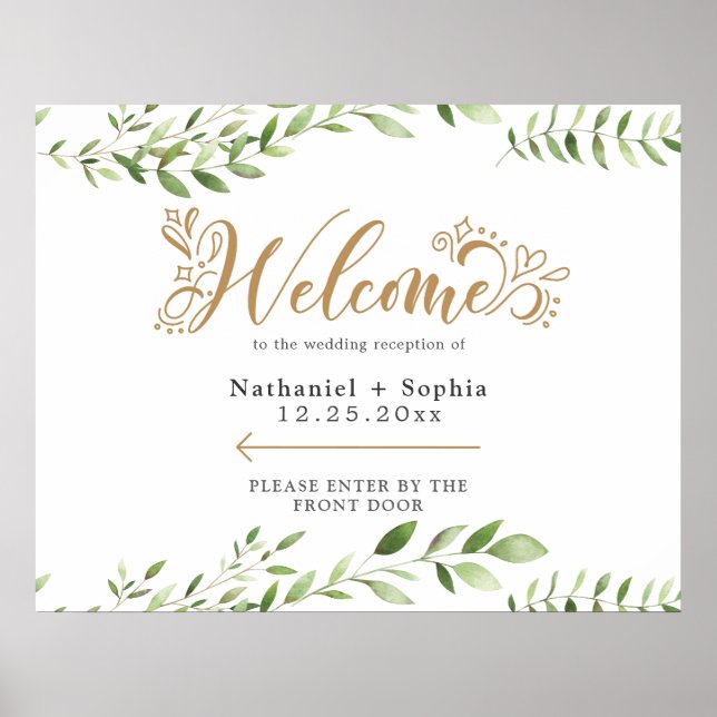 Golden Greenery Right Directional Wedding Willkomm Poster (Vorne)