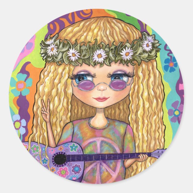 Golden Hair Hippie Picknickkorn Lila Gitarre Runder Aufkleber (Vorderseite)
