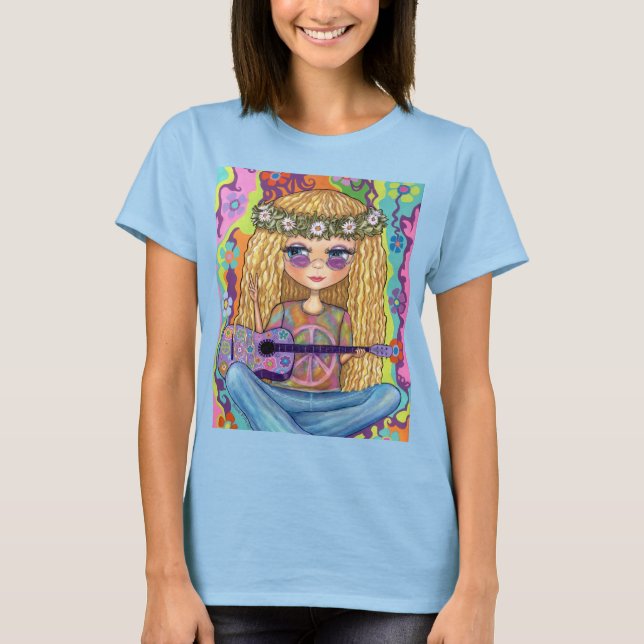 Golden Hair Hippie Picknickkorn Lila Gitarre T-Shirt (Vorderseite)