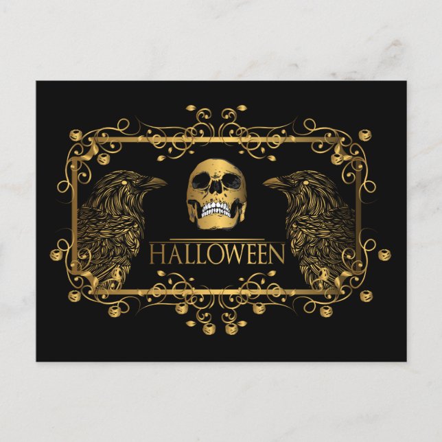 Golden Halloween Skull Ravens Postkarte (Vorderseite)