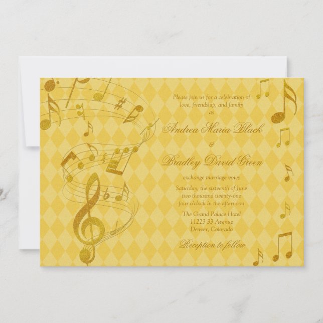 Golden Harlequin Musiknotens Hochzeit Einladung (Vorderseite)