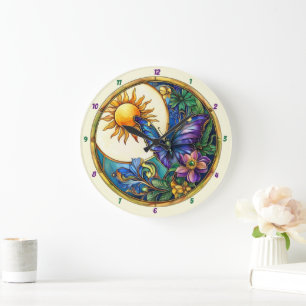Golden Harvest Glass Sonnenblume Schmetterling Große Wanduhr