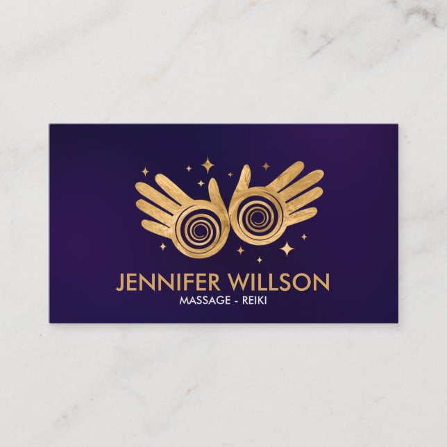 Golden Healing Hands Energy Spiral auf Violett Visitenkarte (Vorderseite)