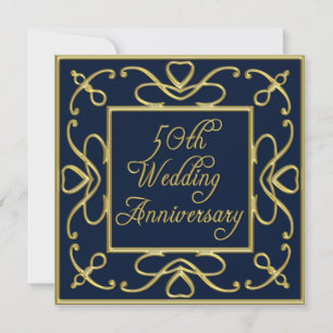 Golden Hearts On Blue 50. Hochzeitstag Einladung