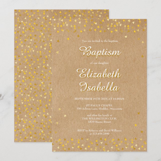 Golden Hearts Taufe Christening Einladung (Vorne/Hinten)