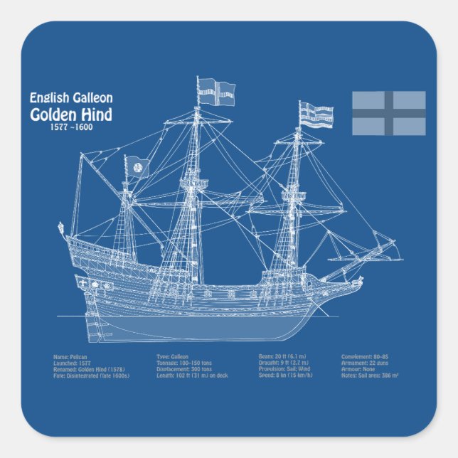 Golden Hind - Schiffskollektorpläne ABD Quadratischer Aufkleber (Vorderseite)
