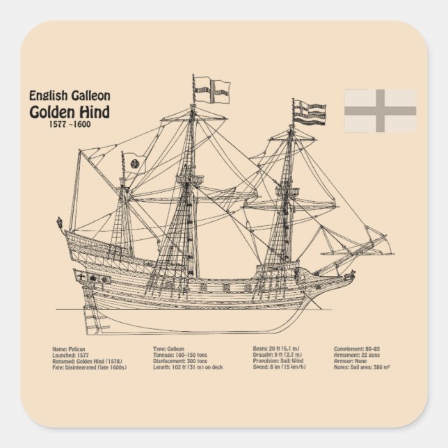 Golden Hind - Schiffskollektorpläne SD Quadratischer Aufkleber (Vorderseite)