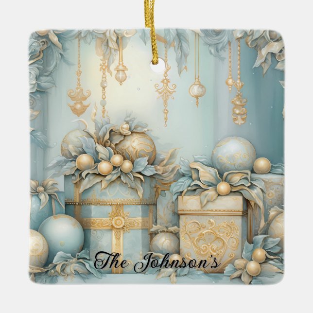 Golden Holiday Geschenke Keramikornament (Vorderseite)