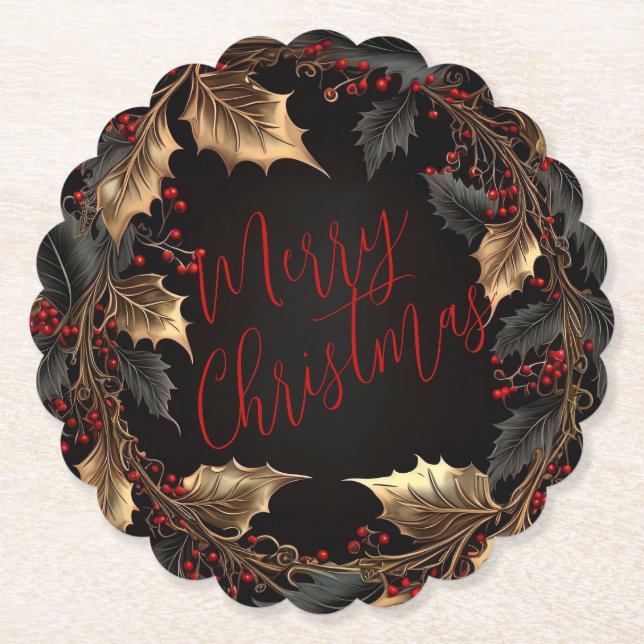 Golden Holly Wreath – Elegant Christmas Untersetzer (Vorderseite)