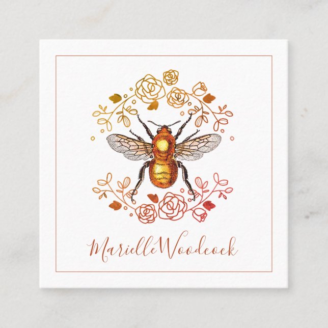 Golden Honey Bee and Rose Laurel Quadratische Visitenkarte (Vorderseite)