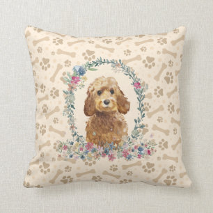 Golden Honey Cockapoo Dog Paw Print & Floral Niedl Kissen