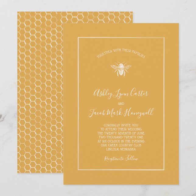 Golden Honeycomb Pattern Wedding Einladung (Vorne/Hinten)
