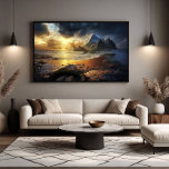 Golden Horizon Poster<br><div class="desc">A stunning landscape where the sea meets majestic mountains under a dramatic sky. Golden sunlight breaks through clouds,  illuminating sand and rocks. Ideal for bringing calm and grandeur to any space. Digital art capturing nature's raw and serene beauty with perfection.</div>