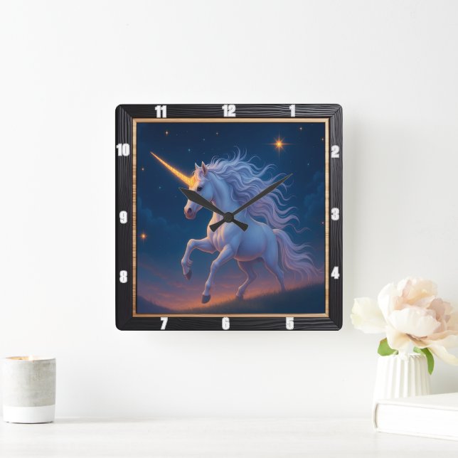 Golden Horn Unicorn Starry Journey Quadratische Wanduhr (Zuhause)